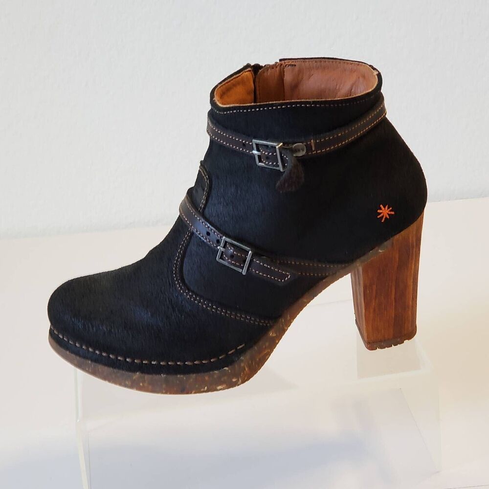Art Company Womens 8 Ankle Boots Black Leather Wood High Heels Straps Spain
